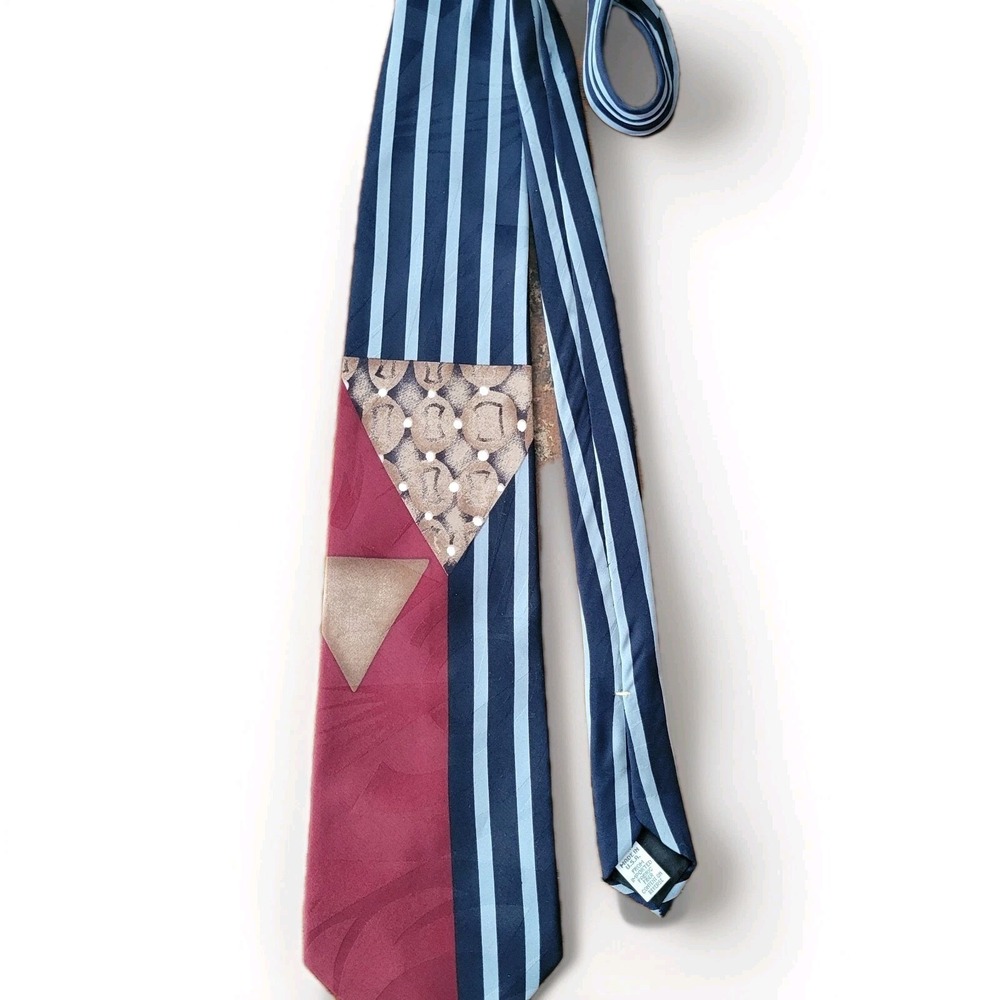 Vtg 70s Geometric Patchwork Necktie Mens Navy Burgundy Striped Abstract Made USA